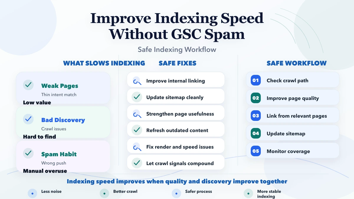 Improve indexing speed without GSC spam infographic
