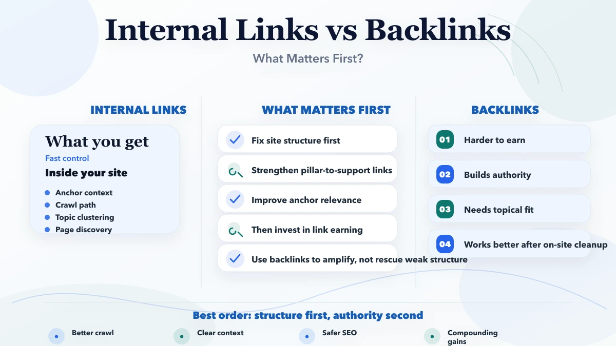 Internal links vs backlinks: what matters first infographic