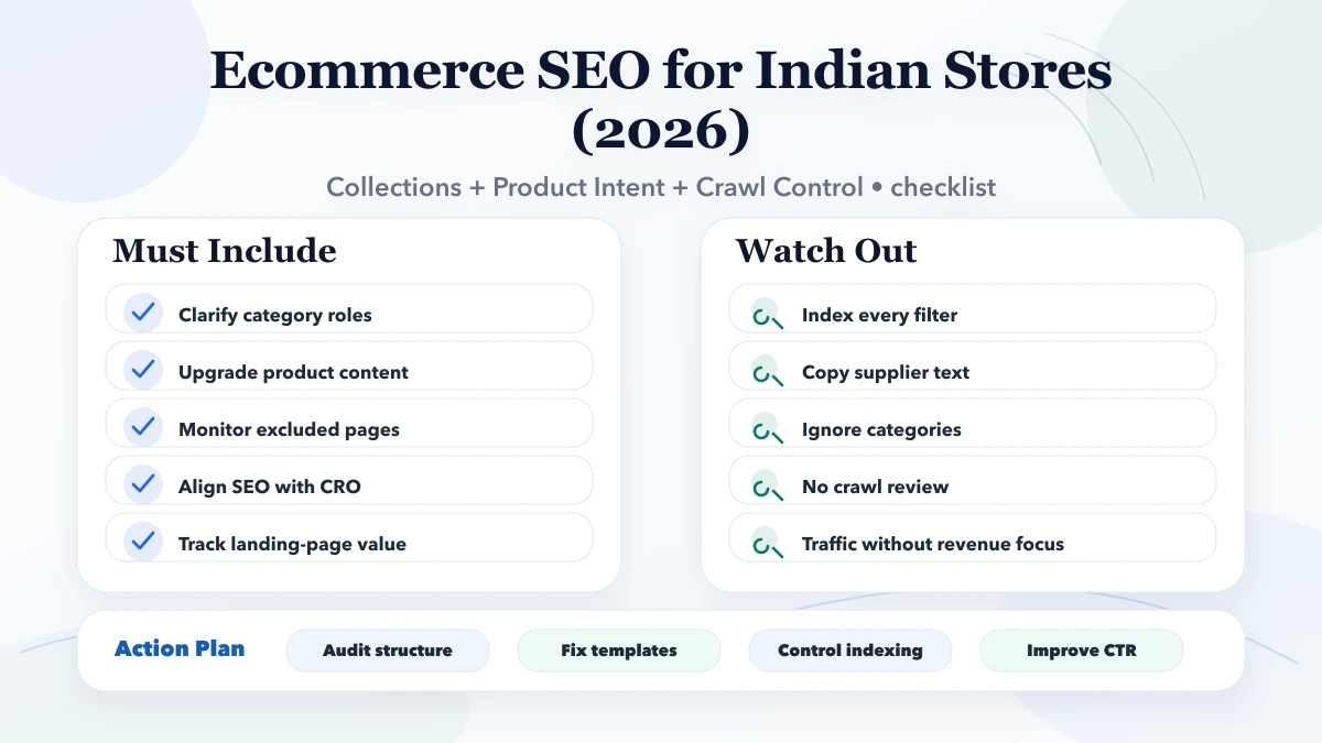 Ecommerce SEO for Indian Stores (2026) checklist infographic