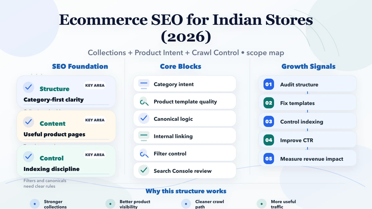 Ecommerce SEO for Indian Stores (2026) framework infographic