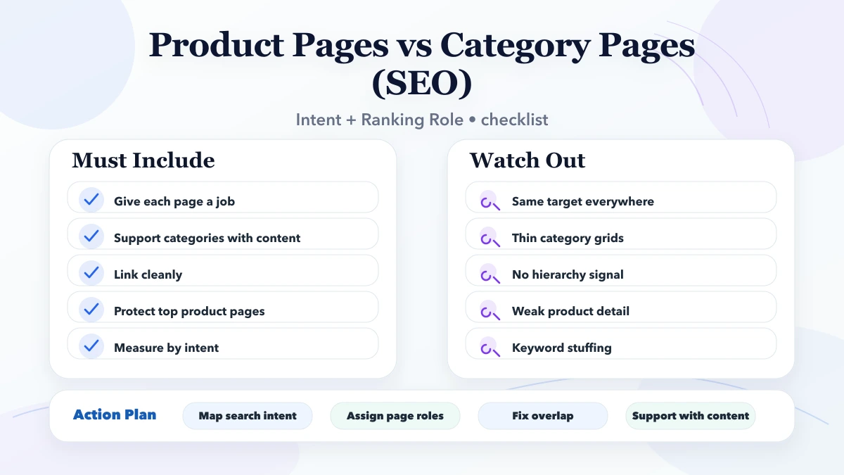 Product Pages vs Category Pages (SEO) checklist infographic