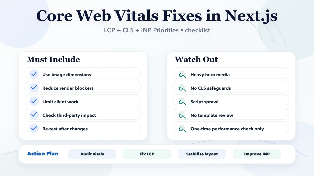 Core Web Vitals Fixes in Next.js checklist infographic