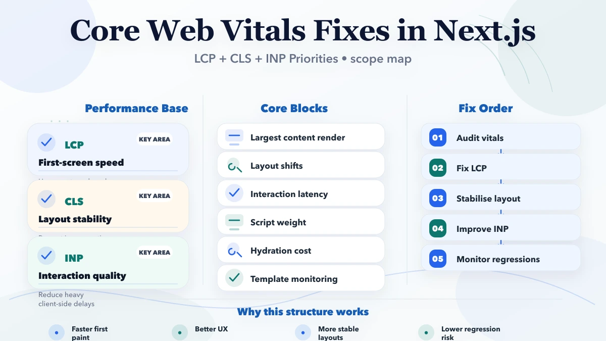 Core Web Vitals Fixes in Next.js framework infographic