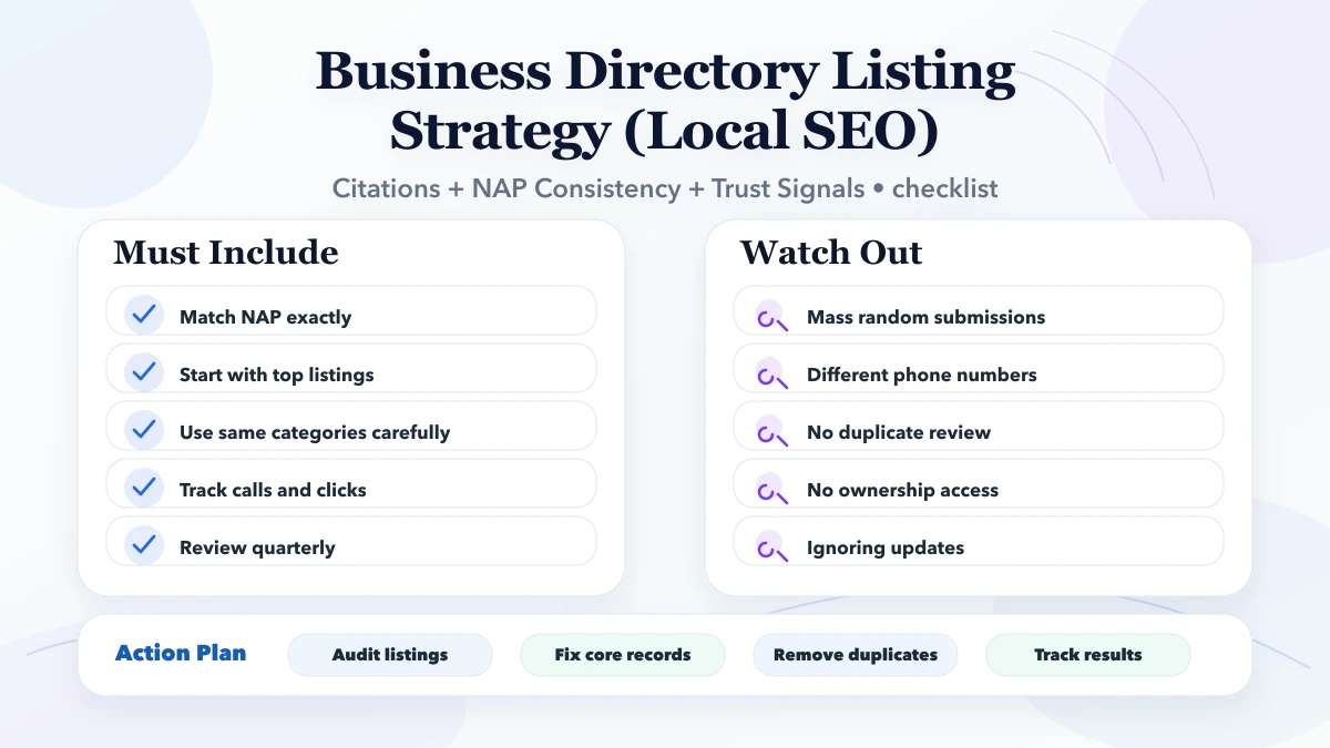 Business Directory Listing Strategy (Local SEO) checklist infographic