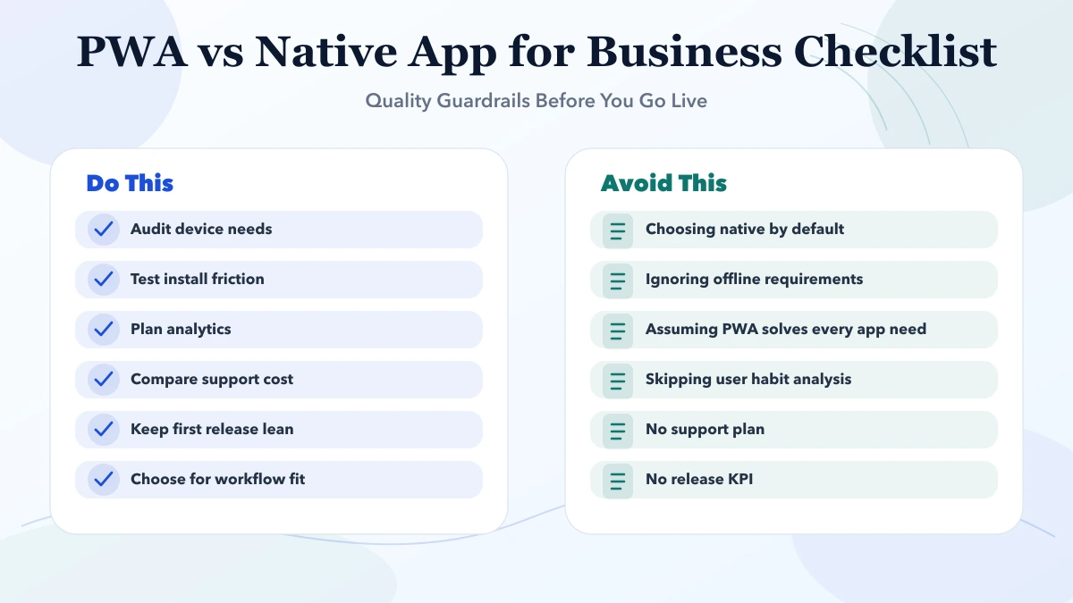PWA vs Native App for Business checklist infographic