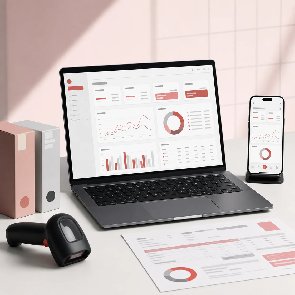Business dashboard, mobile app, barcode scanner and invoice workspace