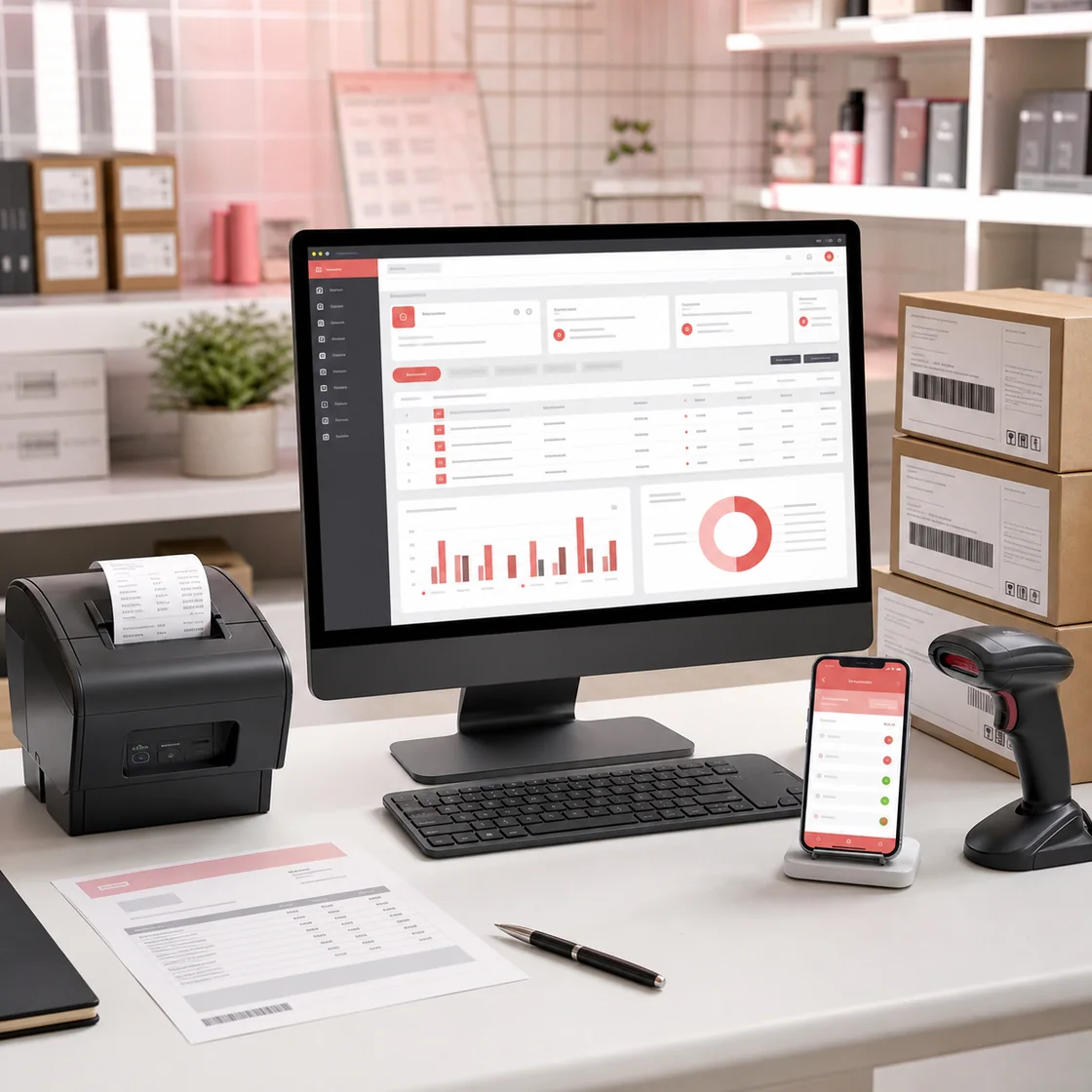 Billing, inventory and barcode workstation with business dashboard