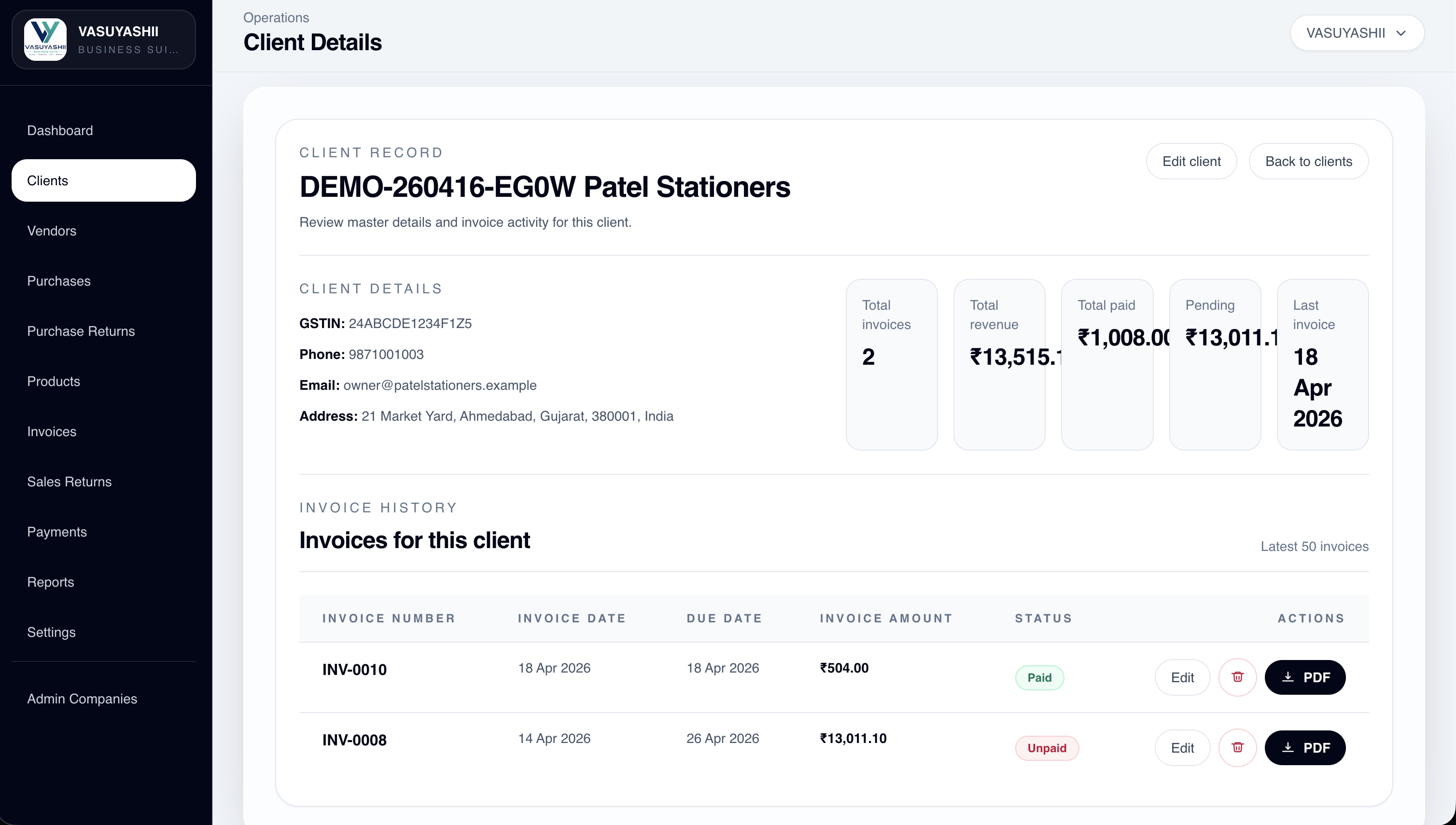 VASUYASHII ERP client details screen