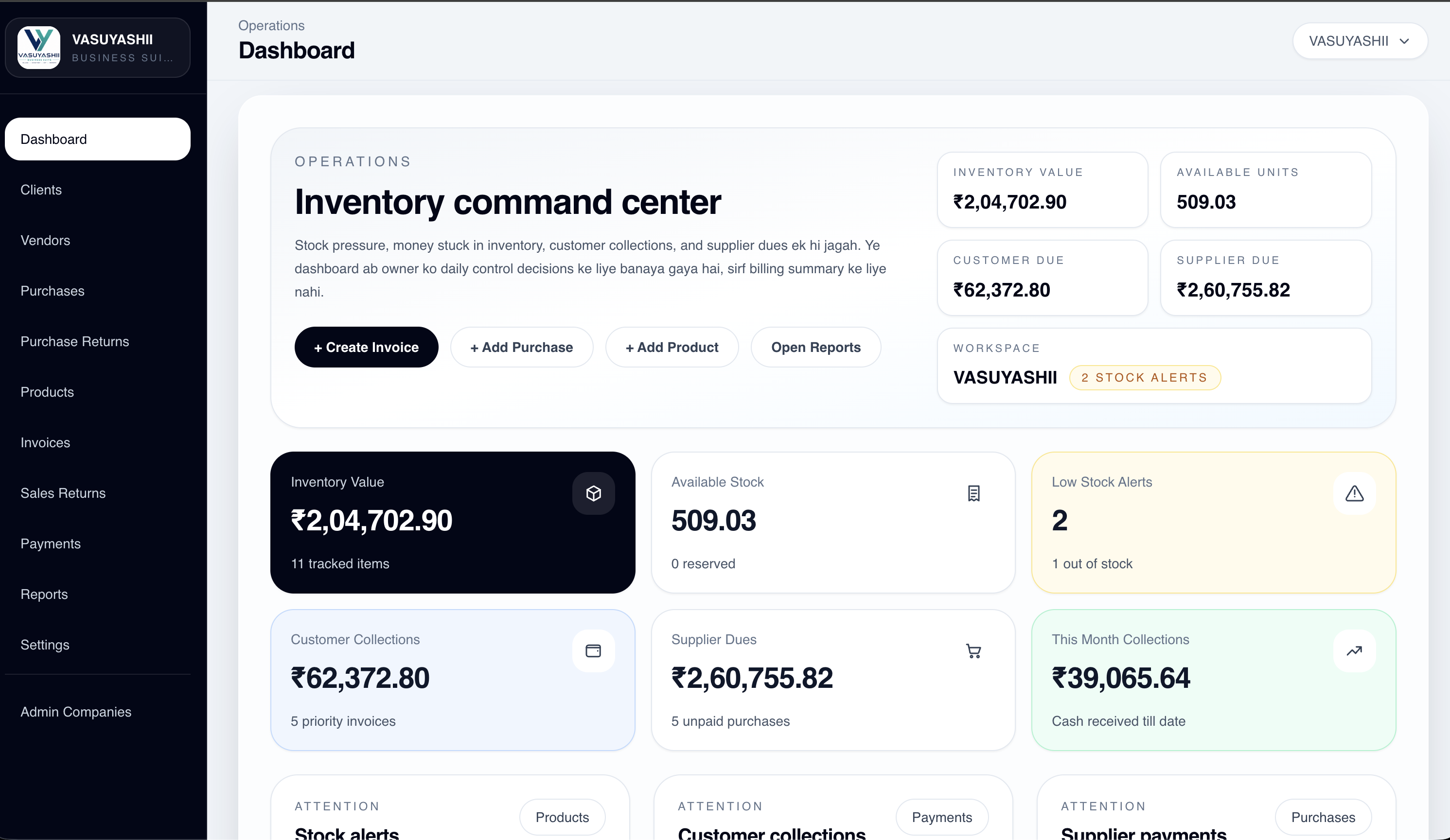 VASUYASHII ERP operational dashboard overview