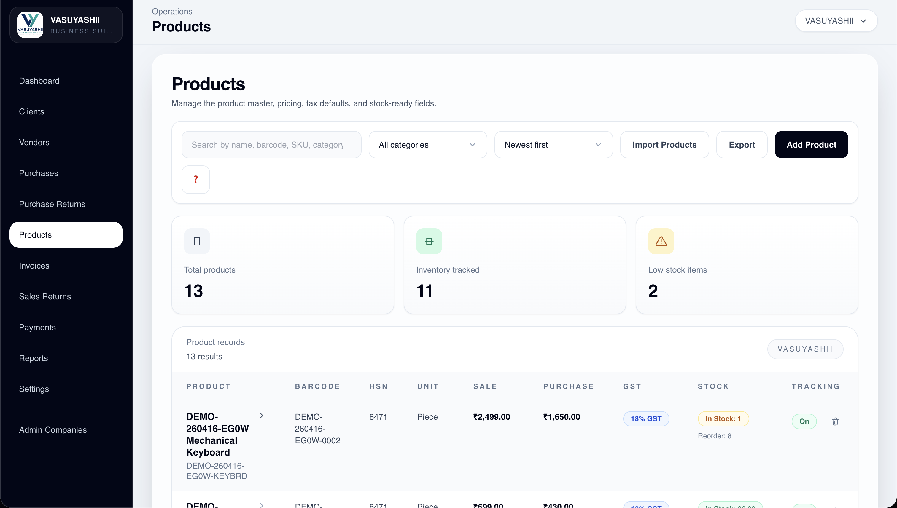 VASUYASHII ERP products list screen