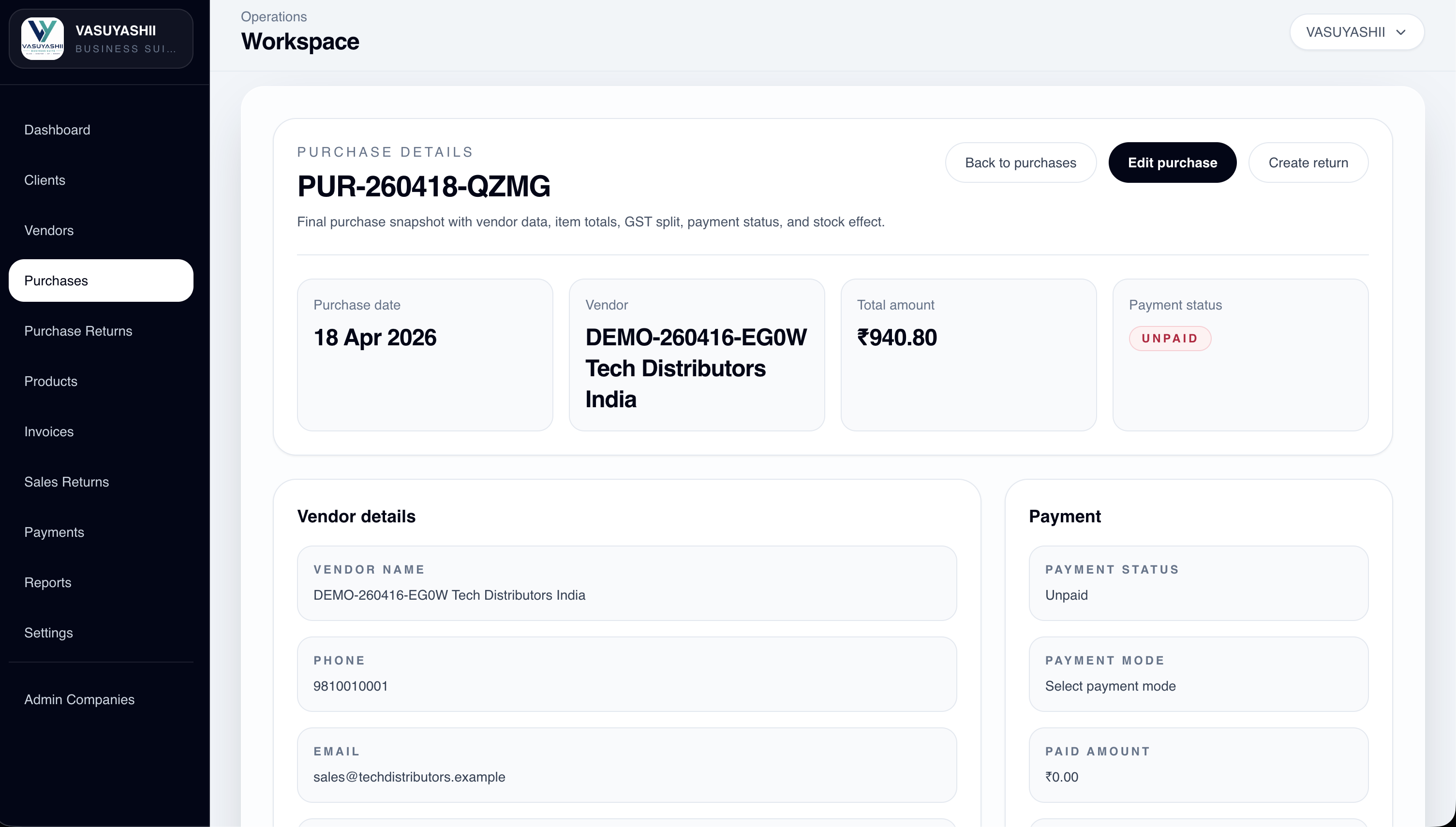 VASUYASHII ERP purchase details screen