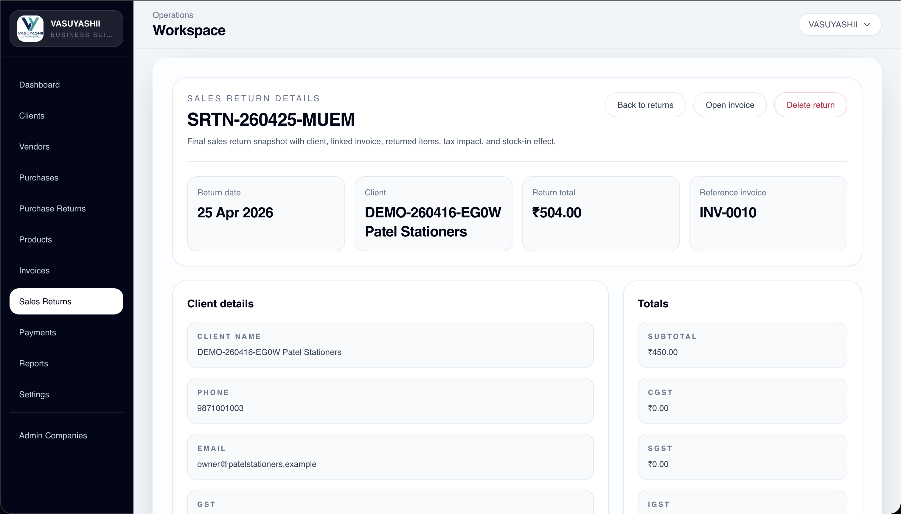 VASUYASHII ERP sales return details screen