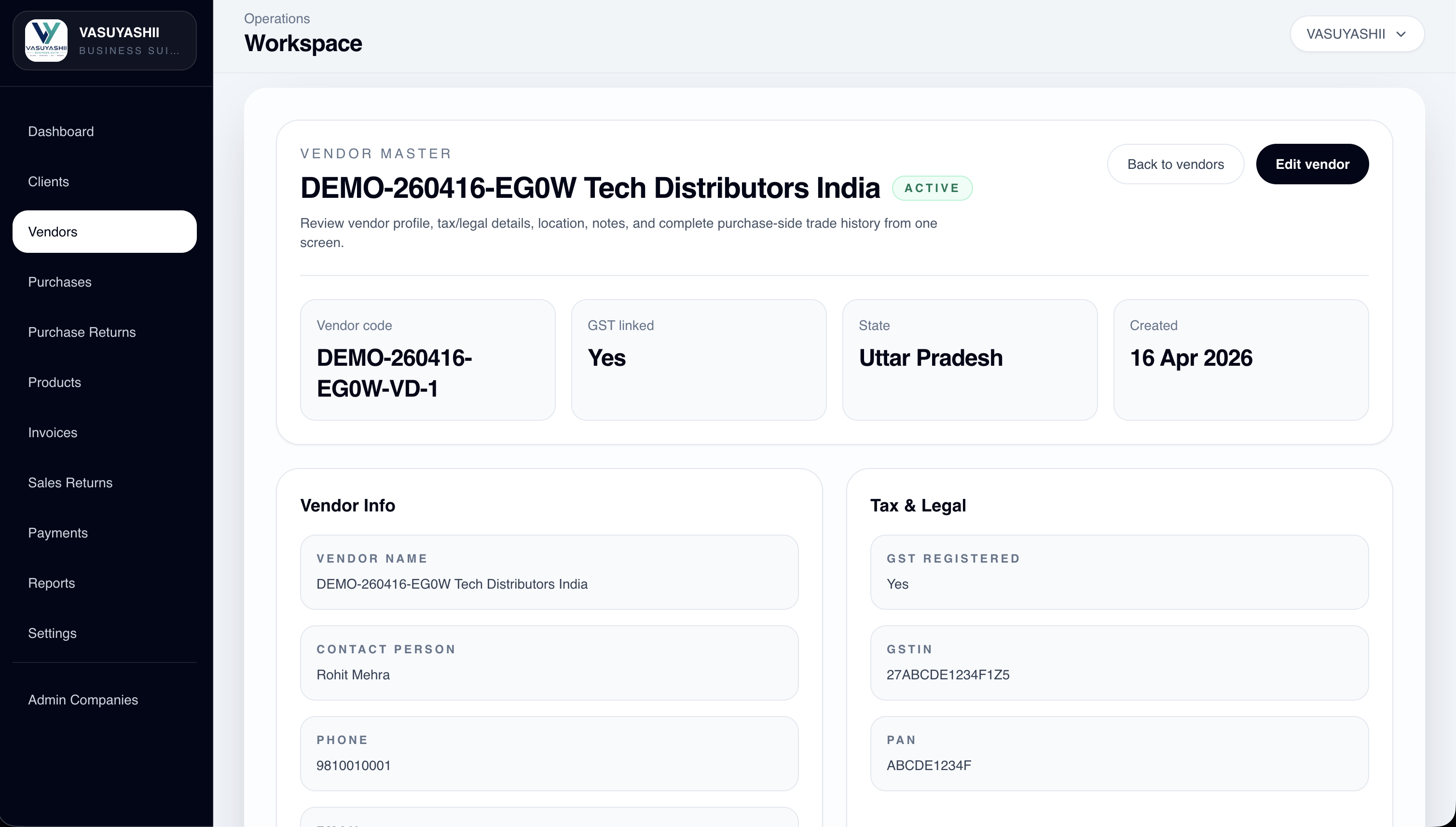 VASUYASHII ERP vendor details screen